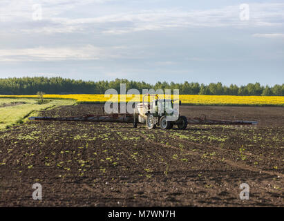 Trattore fertilizzante di spruzzatura in campo agricolo Foto Stock