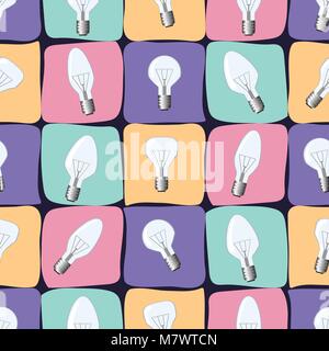 Luce-lampadina illustrazione vettoriale. Modello senza giunture sfondo con lampadina. Sfondo rosso, arancio, blu e viola i colori. Illustrazione Vettoriale