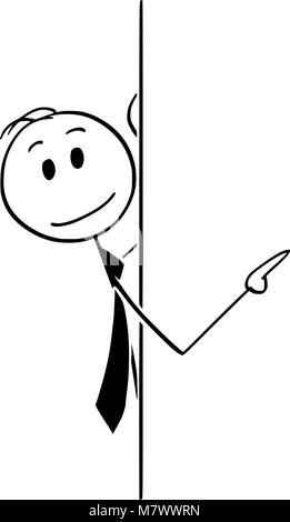 Cartoon di imprenditore fa capolino da dietro la parete e puntamento Illustrazione Vettoriale
