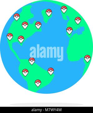 Pin colorati su globus di messa a terra Illustrazione Vettoriale