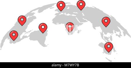 Semplice mappa del mondo con perni Illustrazione Vettoriale