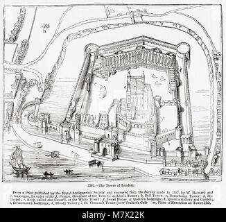 La Torre di Londra. Da una stampa pubblicati dall'antiquario Royal Society e incisi dall'indagine effettuata nel 1597, da W. Haiward e J. Gascoigne, per ordine di Sir J. Peyton, governatore della Torre - un, Leone la torre B, Torre Campanaria c, Beauchamp Tower d, la cappella e mantenere detta anche di Cesare o la Torre Bianca f, Jewel House g, Queen's filoni, h, Queen's Galleria e giardino i, luogotenente di filoni k, Bloody Tower l, St Thomas's Tower (ora traditore's Gate) m, luogo di esecuzione su Tower Hill. Da Vecchia Inghilterra: un museo pittorico, pubblicato nel 1847. Foto Stock