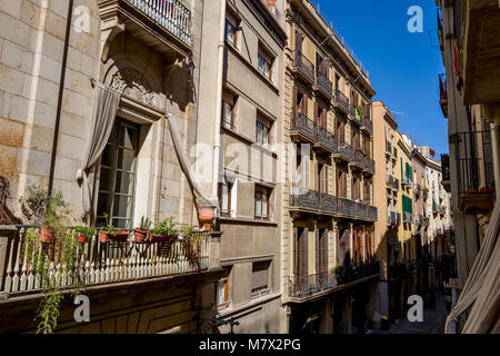 Le strade del quartiere Gotico di Barcellona Foto Stock