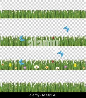 Verde erba realistica confini set con fiori colorati e farfalle isolato su sfondo trasparente. Primavera o estate vector kit, modello, cli Illustrazione Vettoriale