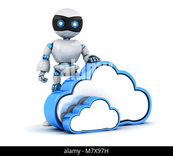 Robot e abstract cloud storage. 3d illustrazione Foto Stock