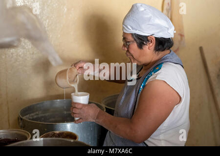 Oaxaca, Oaxaca, Messico - Modesta Hernandez Angeles rende atole, un famoso mais-basato a bere al suo negozio nel Mercado Zonal Las Flores, un neighborhoo Foto Stock