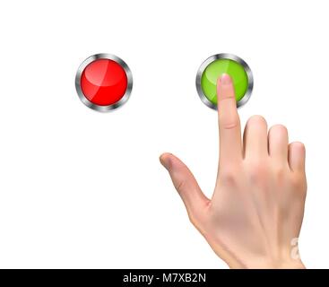 3D realistiche Silhouette di mano con inger premendo un pulsante di avvio di colore verde su sfondo bianco. Illustrazione Vettoriale Illustrazione Vettoriale
