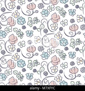 Disegnata a mano fiore vettore seamless pattern. Linea stile sketch ripetere la texture con rose, piante succulente e rami di eucalipto. Illustrazione Vettoriale