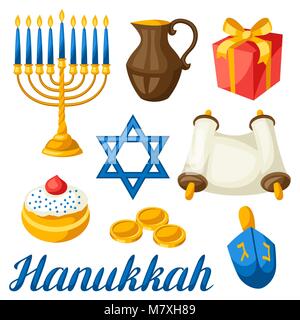 Impostare ebraica di Hanukkah celebrazione oggetti e icone Illustrazione Vettoriale