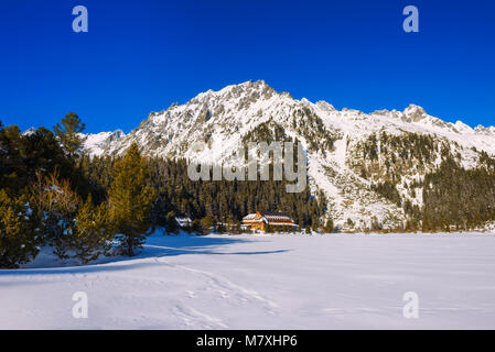 Vista invernale del lago glaciale in Alti Tatra, Slovacchia Foto Stock