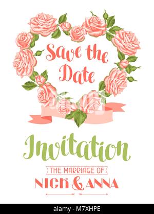 Invito a nozze modello di scheda con rose. Testo calligrafico e fiori vintage Illustrazione Vettoriale