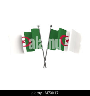 Algeria bandiere incrociate isolato su uno sfondo bianco. Il rendering 3D Foto Stock