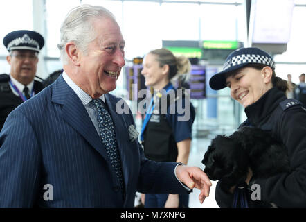 Il Principe di Galles incontra un Cocker Spaniel chiamato Ned, un tirocinante esplosivi cerca cane, durante una visita all' Aeroporto di Heathrow di Londra, come egli mette in evidenza il lavoro svolto da sicurezza e personale dell aeroporto di mantenere il paese e per l'aeroporto di sicuro. Foto Stock