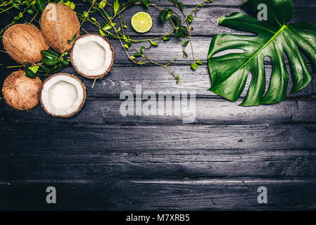 Il verde delle foglie di monstera pianta che cresce in wild, la foresta tropicale impianto su sfondo nero. La noce di cocco è la carne bianca della noce di cocco. T Foto Stock