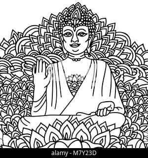 Budda seduto in un fiore di loto. Mandala style stampa. Illustrazione Vettoriale. Illustrazione Vettoriale