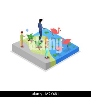 Gabbia con fenicotteri isometrica Icone 3D Illustrazione Vettoriale