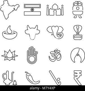 India Paese & Cultura icone linea sottile illustrazione vettoriale impostato Illustrazione Vettoriale