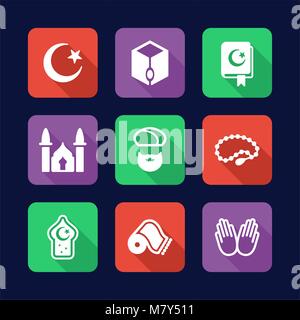 La religione islamica icone Design piatto Illustrazione Vettoriale