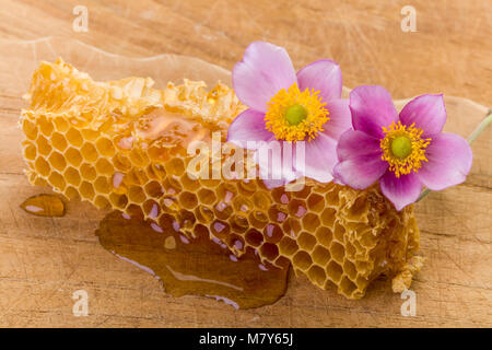 Il miele Il miele di gocciolamento pettine con fiori su tavola di legno Foto Stock