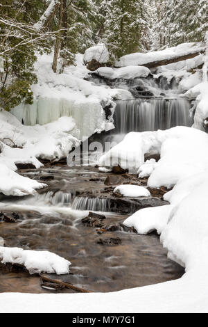 Cascata in inverno. Wagner cade in Munising Michigan, circondato da appena scesa la neve. Linee di neve rami di alberi e lacy pattern di ghiaccio, telaio w Foto Stock