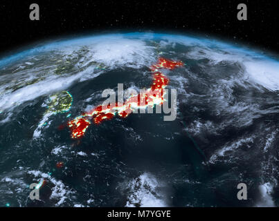 Tv vista notturna di Giappone evidenziata in rosso sul pianeta Terra con le nuvole. 3D'illustrazione. Gli elementi di questa immagine fornita dalla NASA. Foto Stock