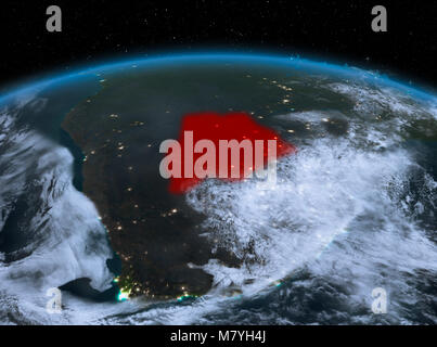 Tv vista notturna del Botswana evidenziata in rosso sul pianeta Terra con le nuvole. 3D'illustrazione. Gli elementi di questa immagine fornita dalla NASA. Foto Stock