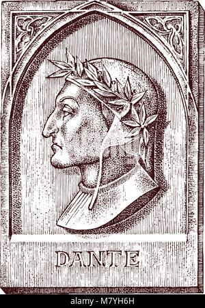 Dante Alighieri. Elemento di architettura e design su edificio per tatuaggio o t-shirt design. Simbolo della scienza, psicologia. Il Genius e il creatore dell'universo. incisi Bozzetto disegnato a mano in stile vintage. Illustrazione Vettoriale