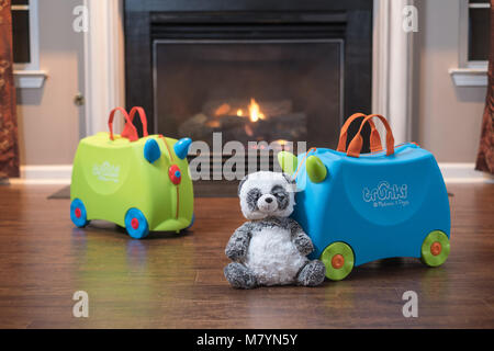 Trunki valigia Ride-On davanti al camino Home Foto Stock