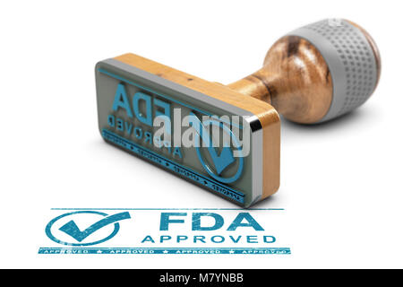 Farmaci o prodotti concetto di approvazione. Timbro di gomma con il testo approvato dalla FDA su sfondo bianco. 3D illustrazione Foto Stock