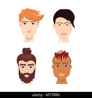Tanga diverse facce maschio impostato con elegante barba e capelli isolato raccolta di Avatar Illustrazione Vettoriale