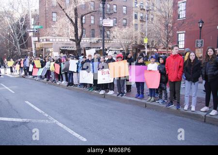 New York, NY, STATI UNITI D'AMERICA. Xiv Mar, 2018. Gli studenti provenienti da Little Red School House e Elisabeth Irwin High School passo fuori della scuola per protestare contro la NRA e della violenza pistola negli Stati Uniti il 14 marzo 2018 a New York City. Credito: Dc/media/punzone Alamy Live News Foto Stock