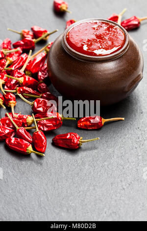 La salsa calda dal peperoncino e pomodori Foto Stock