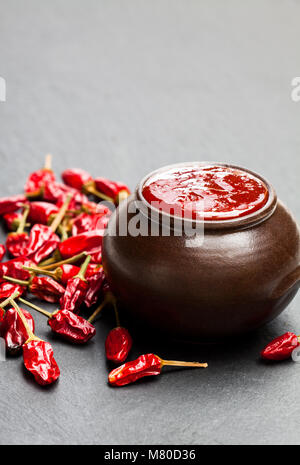 La salsa calda dal peperoncino e pomodori Foto Stock