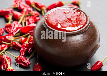 La salsa calda dal peperoncino e pomodori Foto Stock