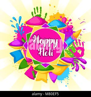 Happy Holi sfondo multicolore. Illustrazione di benne con vernice, cannoni d'acqua, bandiere, Blot e macchie Illustrazione Vettoriale