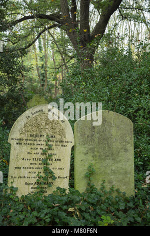 Le lapidi del cimitero Vittoriano di Abney Park a Stoke Newington, Londra del nord in autunno Foto Stock