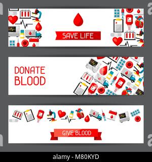 Striscioni con la donazione di sangue le voci. Assistenza medica e sanitaria di oggetti Illustrazione Vettoriale
