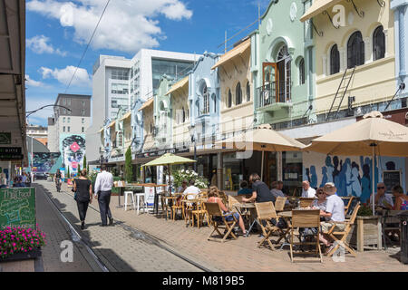 La missione spagnola architettura in stile, Nuovo Regent Street, Christchurch, Canterbury, Nuova Zelanda Foto Stock