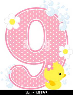 Numero 9 con bolle e carino rubber duck isolato su bianco. può essere utilizzato per la bambina nascita annunci, decorazione di vivaio, parte il tema o birthd Illustrazione Vettoriale