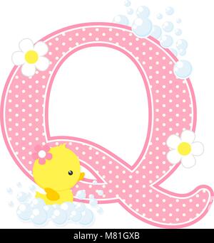 Q iniziale con bolle e carino rubber duck isolato su bianco. può essere utilizzato per la bambina nascita annunci, decorazione di vivaio, tema di partito o di nascita Illustrazione Vettoriale