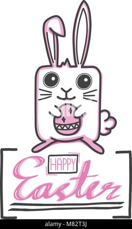 Mano-disegnare doodle festival di pasqua ha un coniglio, l'uovo e il testo per la decorazione il vostro design. Illustrazione Vettoriale. Illustrazione Vettoriale