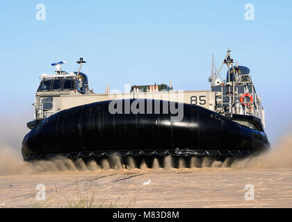 TEL AVIV, Israele (Mar. 7, 2018) un U.S. Navy Landing Craft Air Cushion dall'USS Iwo Jima (LHD 7) giunge a terra vicino alla spiaggia di Palmachim, Israele come parte di esercizio Juniper Cobra 2018. Il LCACs consegnato veicoli e attrezzature a sostegno dell'esercizio. Juniper Cobra 2018 è un missile balistico di difesa degli Stati Uniti comune-Israele esercizio che utilizza le simulazioni al computer per addestrare le forze e migliorare l'interoperabilità. (U.S. Foto di Marina di Massa principale Specialista comunicazione Michael McNabb/rilasciato) Foto Stock