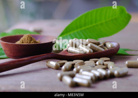 Farmaci a base di erbe in pillole e capsule sulla tavola di legno con foglie di colore verde Foto Stock