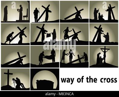 Abstract background religioso con la Via Crucis stazioni Illustrazione Vettoriale