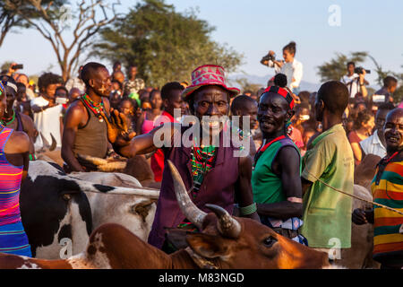 Hamar Tribesmen Preparazione di mucche per un 'proveniente dall'età' Bull Jumping cerimonia, Dimeka, Valle dell'Omo, Etiopia Foto Stock