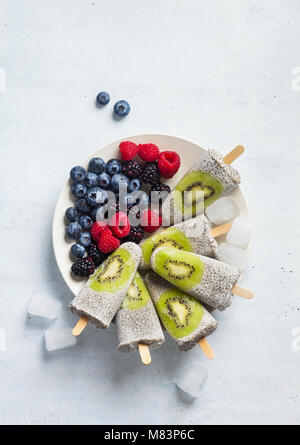 Kiwi cocco Popsicles Chia e freschi maturi frutti di bosco al mattino tavola dolci sani Foto Stock