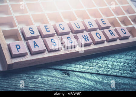 Primo piano delle parole Password protetta formata da blocchi di legno su un pavimento di legno Foto Stock