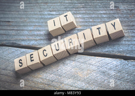 Macro di parole la sicurezza IT formata da blocchi di legno su un pavimento di legno Foto Stock