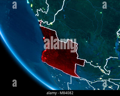 Mappa di Angola in rosso come visto dallo spazio sul pianeta terra di notte con linee di demarcazione bianco e luci della citta'. 3D'illustrazione. Gli elementi di questa immagine furni Foto Stock