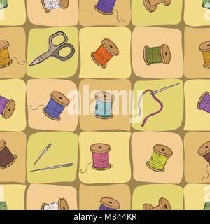 Modello senza interruzioni con gli strumenti di cucitura. Ago e forbici illustrazione vettoriale. Con sfondo colorato messo in bobine. Fili per cucito Illustrazione Vettoriale